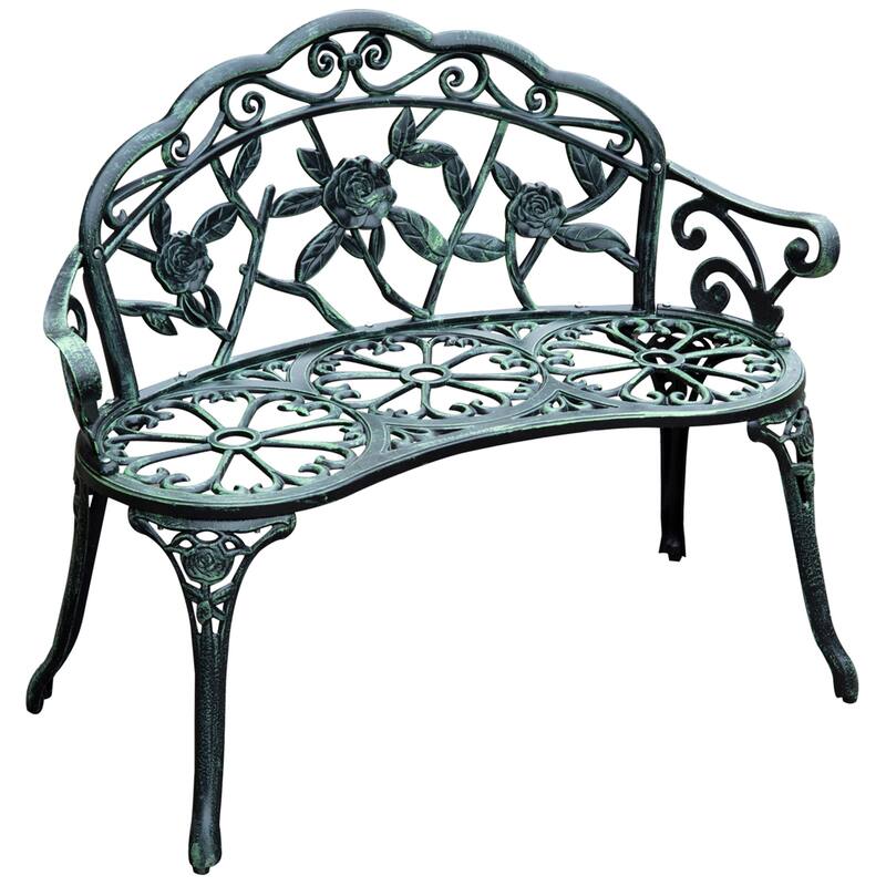 Cast Aluminum Two-Seat Outdoor Bench with Floral Rose Accent & Antique Finish, Green