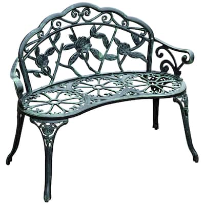 Outdoor Bench, Cast Aluminum Outdoor Furniture, Metal Bench With Floral Rose Accent & Antique Finish