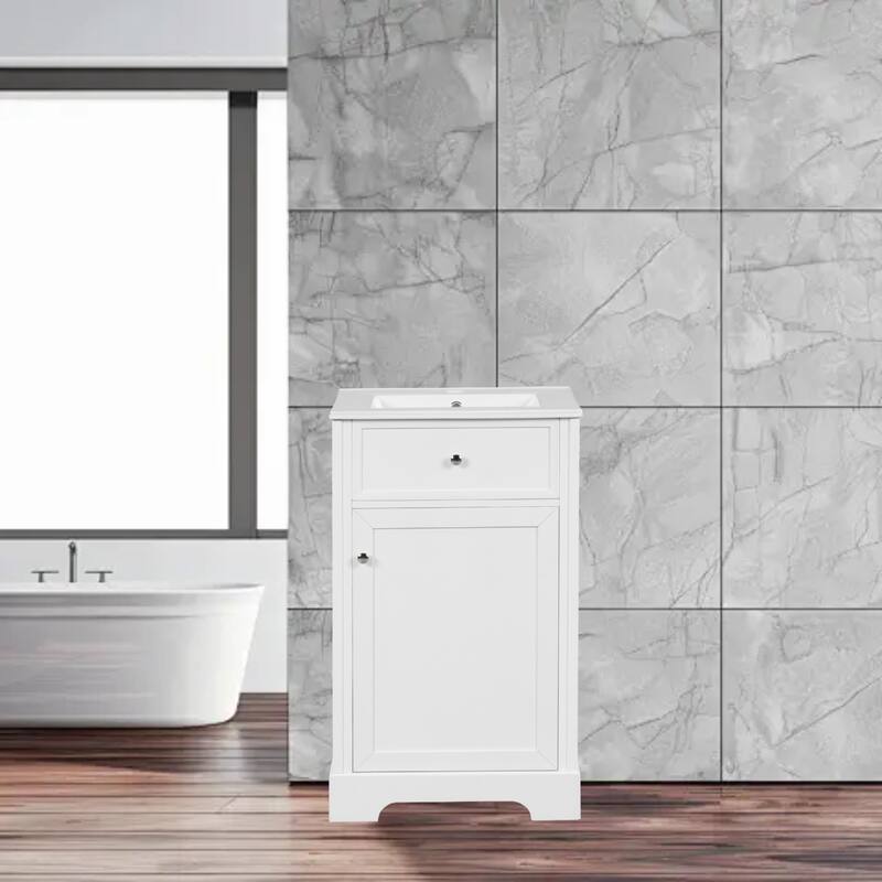 20" Freestanding Bathroom Vanity with Sink, Soft Closing Door, Storage Rack, and Adjustable Shelf - White