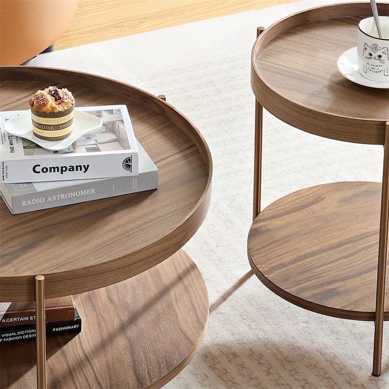 2-Piece Modern 2 Tier Round Coffee Table Set for Living Room