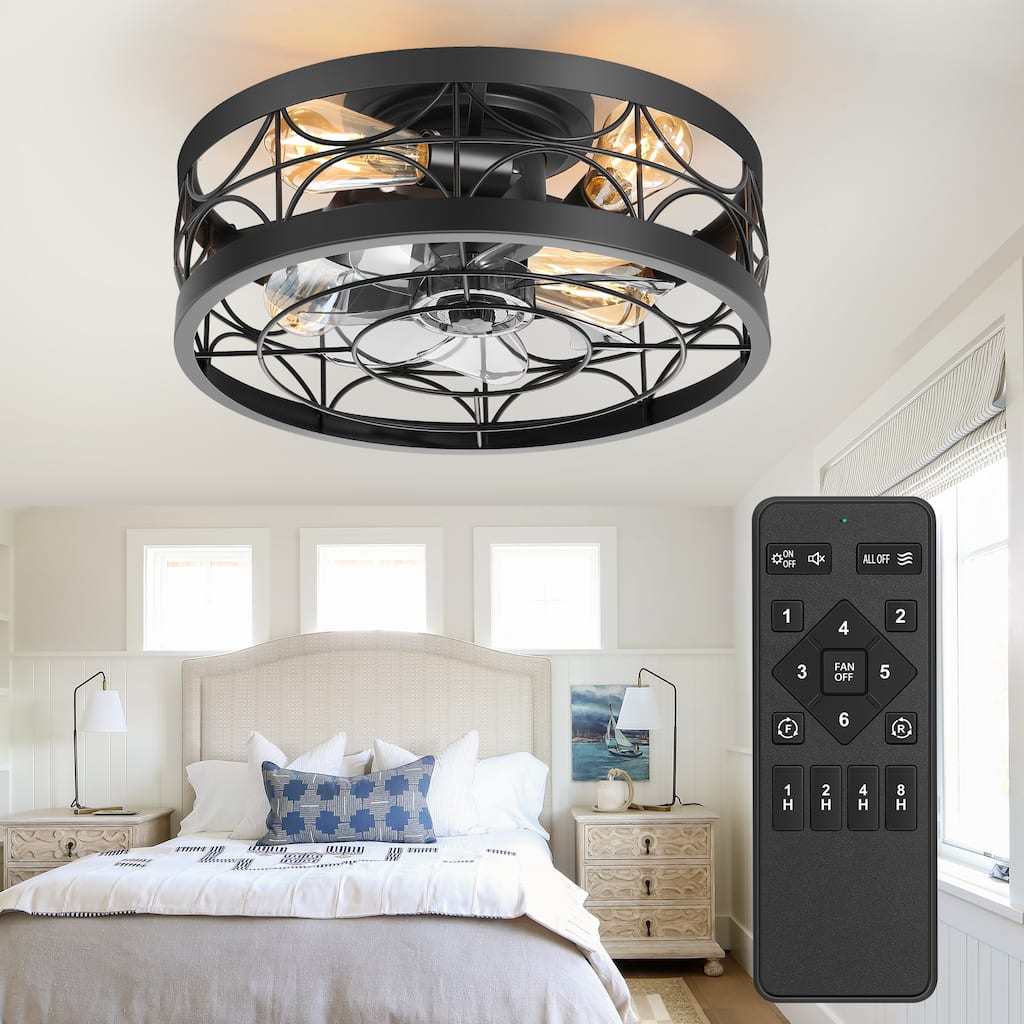 16.5in Matte Black Flush Mount Caged Ceiling Fan with Remote Light(7-Blade)