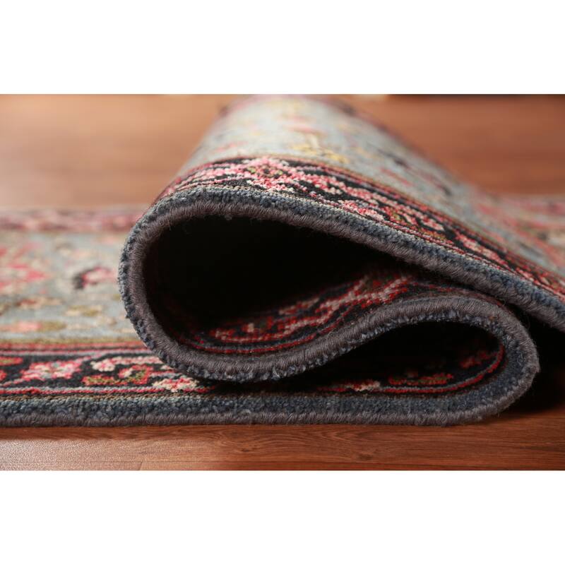 Hand Knotted Oriental 100% Wool Carpet Traditional Geometric Navy Blue & Blues Heriz (serapi) Runner Rug - 7' 11'' X 2' 7''