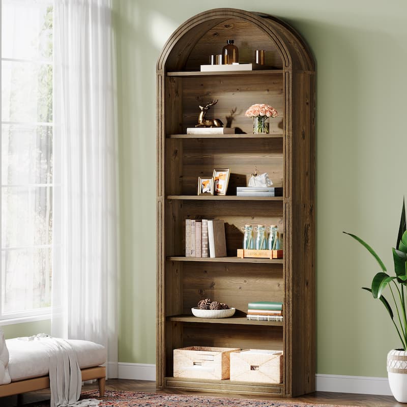 75.98" Tall Arched Bookcase with 6 Storage Shelves - 11.81"D x 31.5"W x 75.98"H - Brown