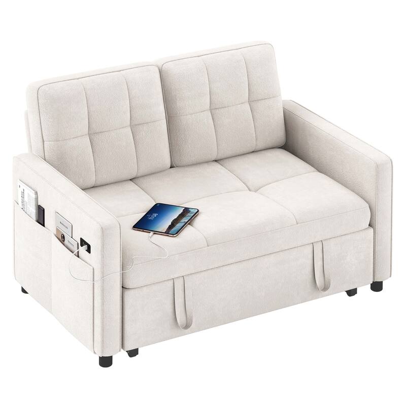3-in-1 Multi-Functional Sleeper Sofa with Iron Frame Pull-Out Bed Loveseat and USB Port for Living Room or Small Space
