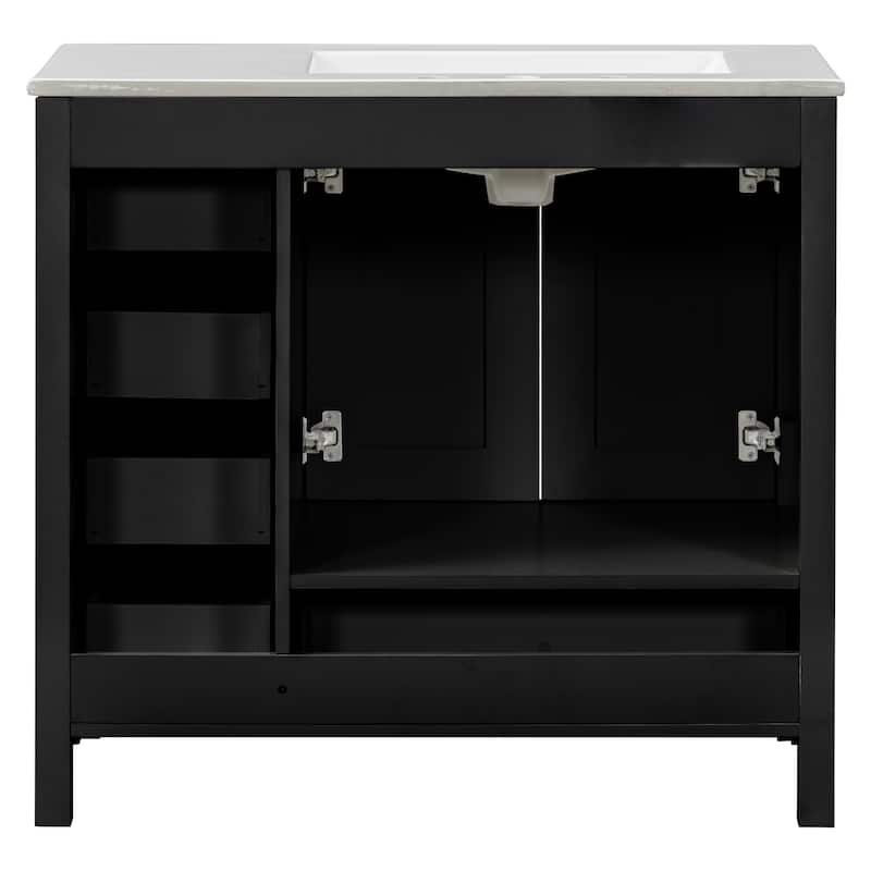 Bathroom Vanity with Ceramic Sink, Abundant Storage Cabinet with 2 Soft Close Doors and 5 Drawers and Delicate Silver Handles