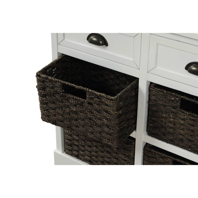 Rustic Storage Cabinet with Two Drawers and Four Classic Rattan Basket for Dining Room/Entryway/Living Room