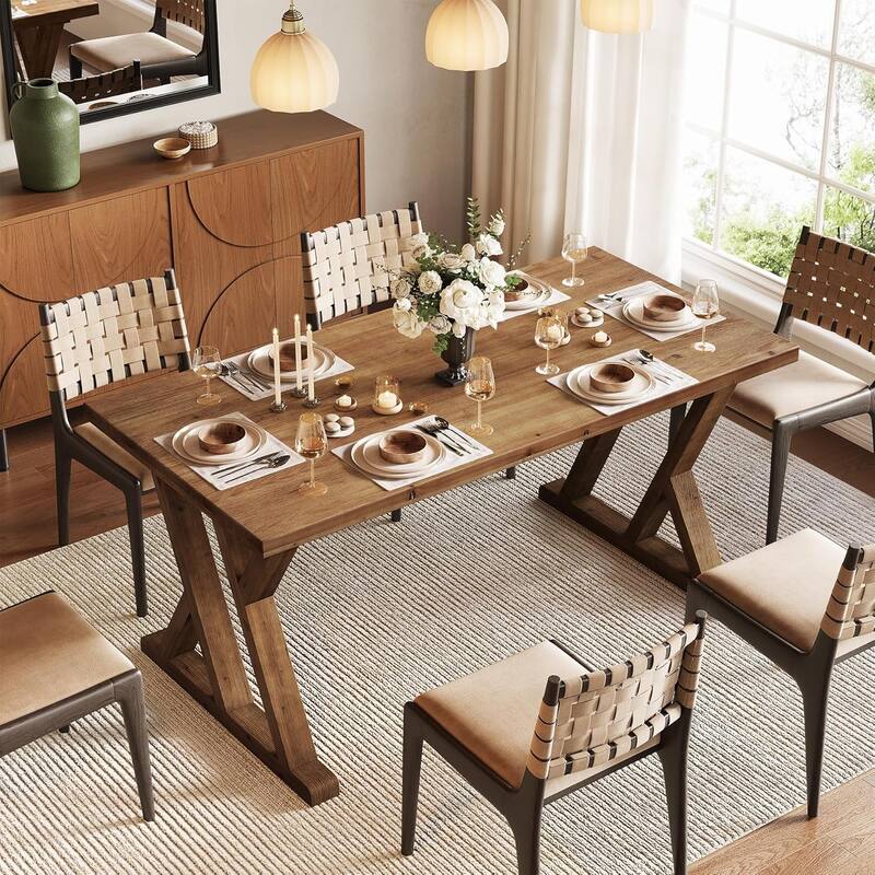 Solid Wood Dining Table for 4-6 People, 63 Inch Rectangular Farmhouse Kitchen Table - 62.99" L x 31.5" W x 29.92" H