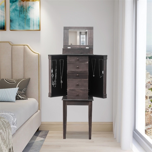 Standing Jewelry Armoire with Mirror, 5 Drawers & 8 Necklace Hooks. Opens flyout.