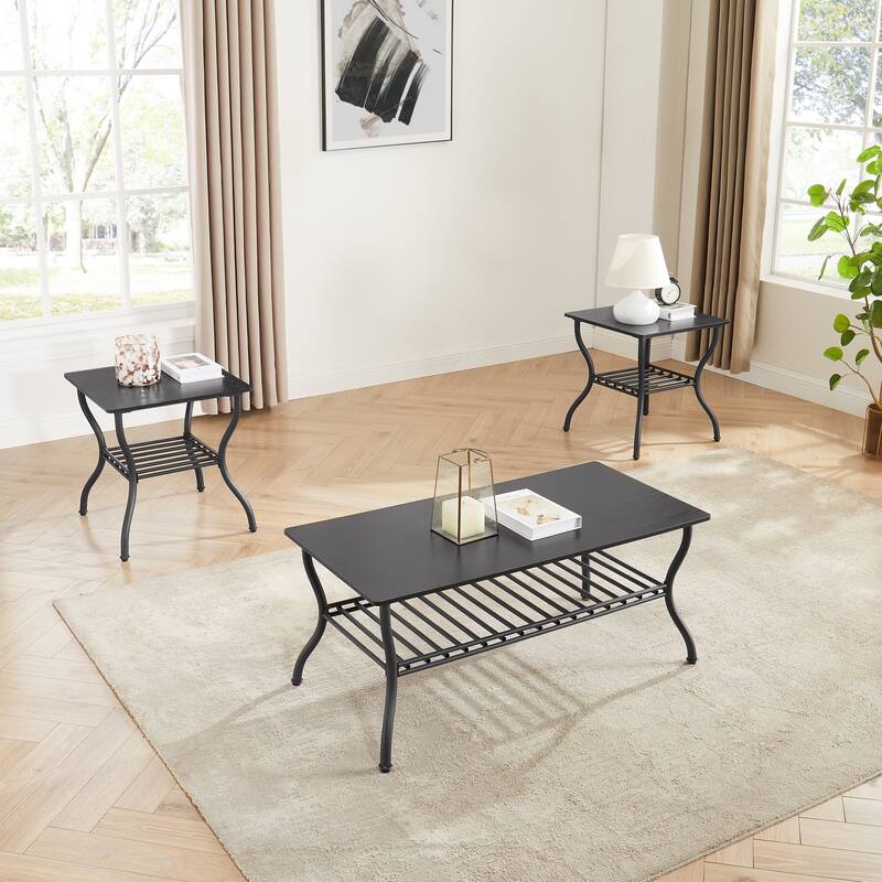 3-Piece Coffee Table Set Rectangle Coffee Table with 2 Square End Side Table Retro Design