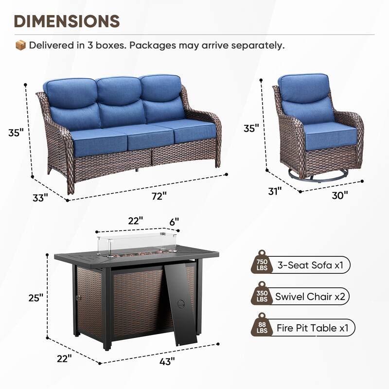 Pocassy Patio Furniture Set with 43 inch Fire Pit Table