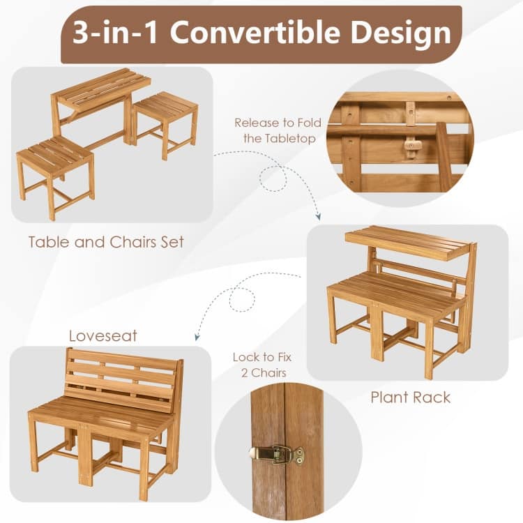 Natural Acacia Wood Convertible Loveseat Table Bench 3-in-1 Outdoor - 21.5" x 35.5" x 31.5"