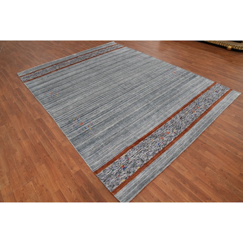 Hand Knotted Oriental Viscose Silk Carpet Tribal Tribal Greys & Charcoal Gabbeh Area Rug - 10' 0'' X 7' 8''