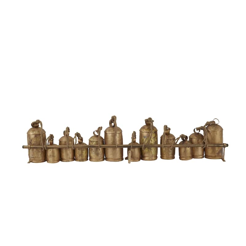 Metal Tibetan Inspired 12 Bell Decorative Cow Bells with Hanging Ropes and Rod - Silver or Gold - Roche River Decor
