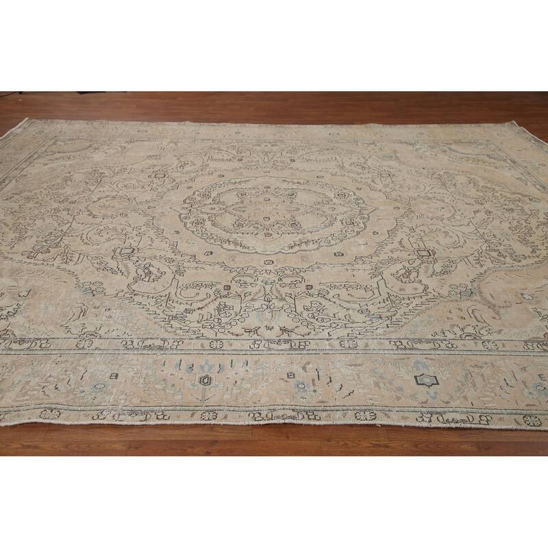 Hand Knotted Oriental 100% Wool Carpet Traditional Floral Beige & Ivories Tabriz Area Rug - 12' 7'' X 9' 7''