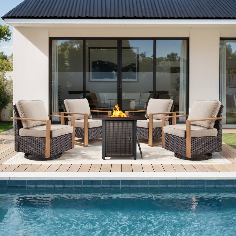 Meyreso 5-Piece Wicker Patio Conversation Set with Metal Fire Pit & Plush 4.5" Olefin Cushions
