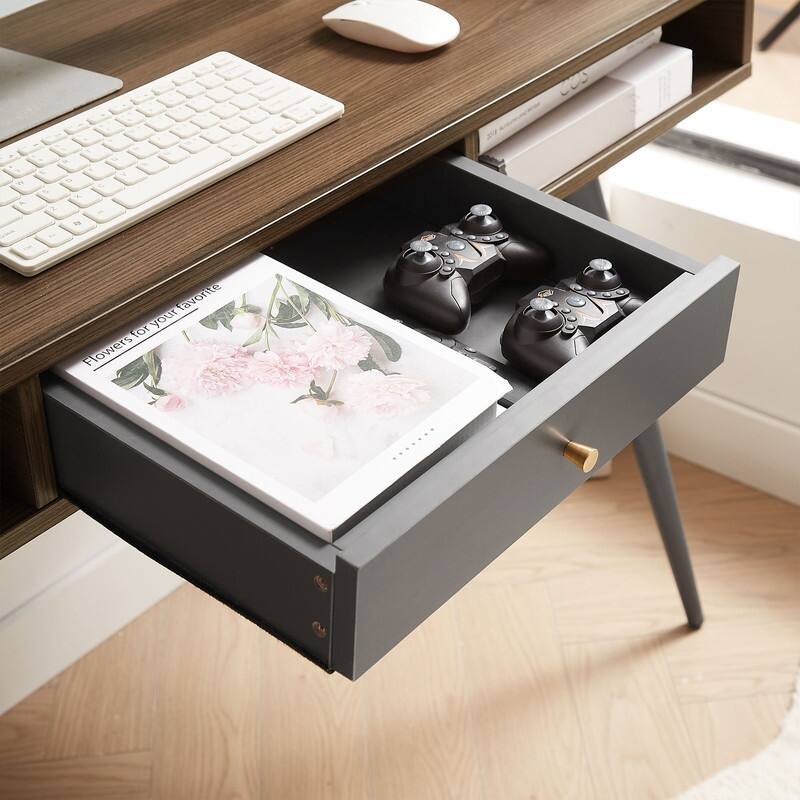 Mid-Century Modern Office Desk with Built-In Charging Station & Storage Drawers