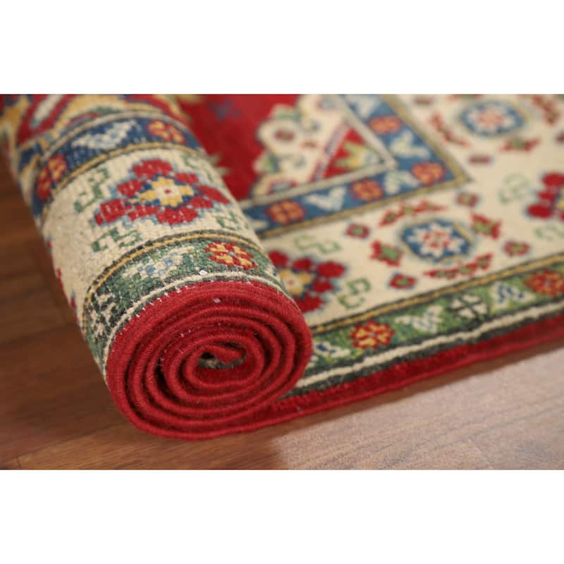 Red Geometric Kazak Foyer Rug Handmade Traditional Wool Carpet - 2'10" x 4'1"