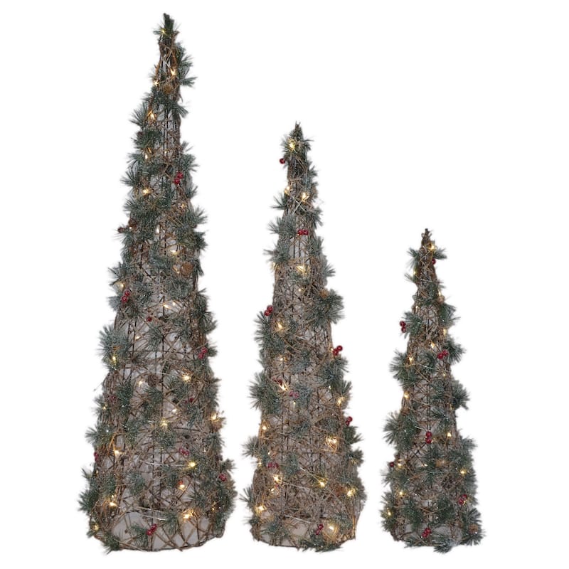 Pre-lit Cone Trees with Greenery - Set of 3 (Battery Operated) - Lit Tree/Christmas Greenery Decorations - Trees