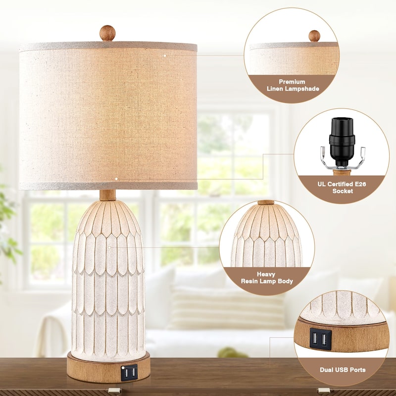Beige Resin Table Lamps with 3-way Touch Dimming Switch Dual USB Charging Ports (Set of 2) - 11'' x 11'' x 22'' (L x W x H)