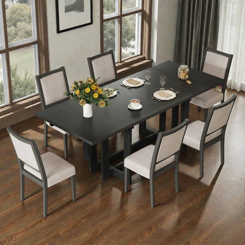 82" Rustic 7-Piece Extendable Dining Table Set with Trestle Base, 6 Upholstered Chairs and Two 12" Removable Leaves - Grey