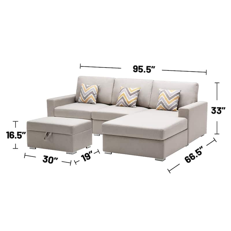 Linen Fabric 4 Piece Reversible Sofa Chaise with Interchangeable Legs, Storage Ottoman, and 3 Pillows in Beige