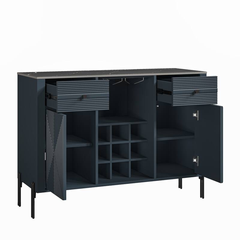 42" Modern Wine Cabinet with Metal Glass Rack and Drawers - 42" in Width