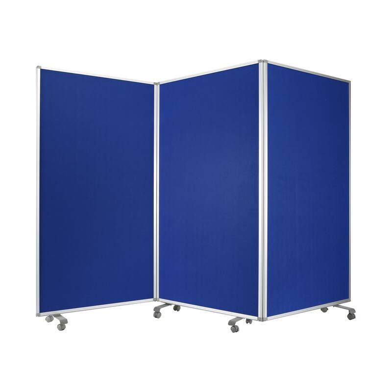 Accordion Style Fabric Upholstered 3 Panel Room Divider, Blue and Gray