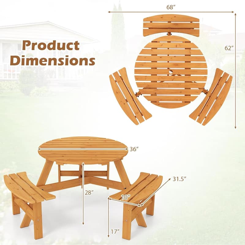 6-Person Picnic Table Set Outdoor Wood Dining Set w/ Umbrella Hole