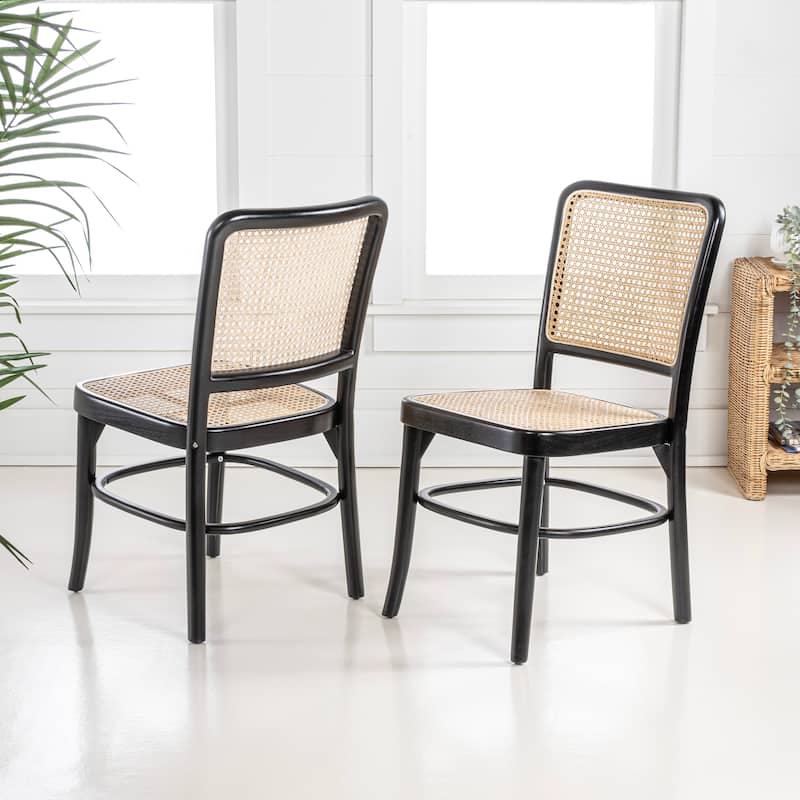 Cukor Mid-Century Vintage Wood Rattan Dining Chair, Natural (Set of 2) by JONATHAN Y