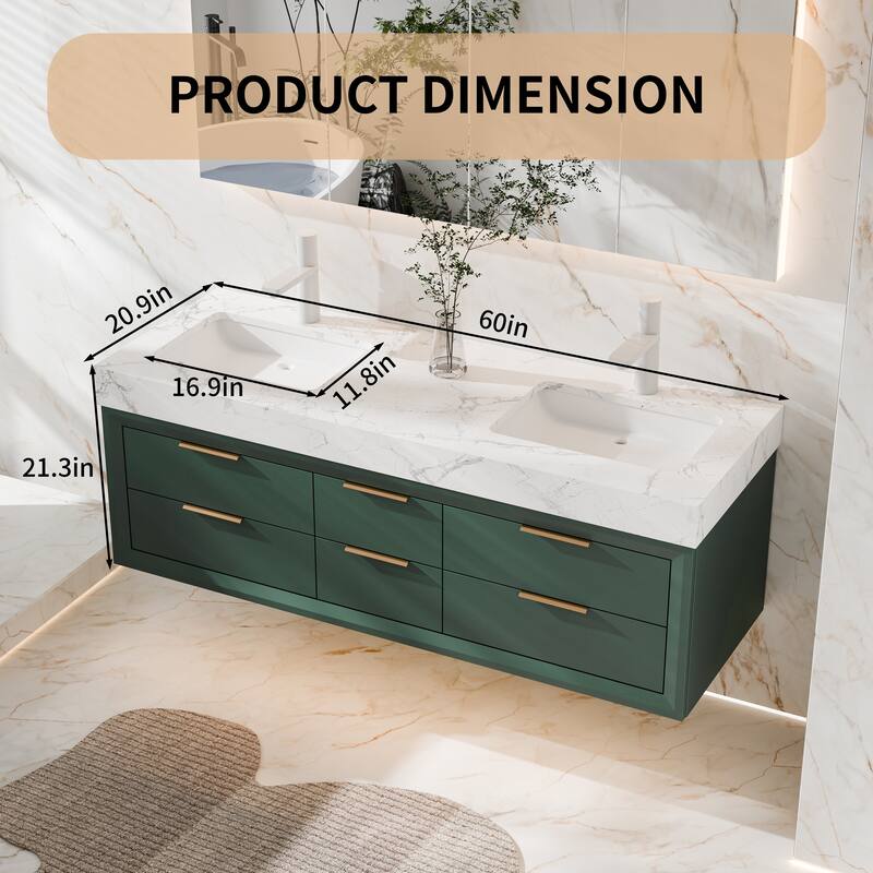 60" Wall-Mount Double Vanity with LED Light. - 60 inch