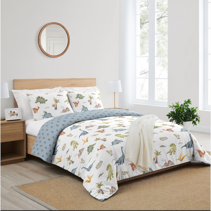 Sweet Jojo Designs Watercolor Dinosaur Dino Boy 3pc Full/Queen Comforter Set Green Blue White Modern Jurassic Nature Animal Tan