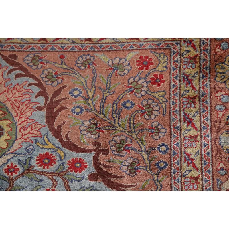 Hand Knotted Oriental Silk Carpet Traditional Floral Navy Blue & Blues Hereke Area Rug - 4' 10'' X 3' 3''