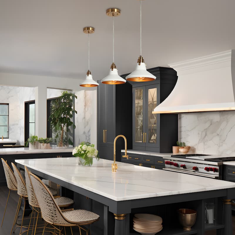 Modern Glam 1-Light White Brass Metal Conical-Shade Pendant Lights Kitchen Island Lights for Dining Room - 8.5" D x 7" H