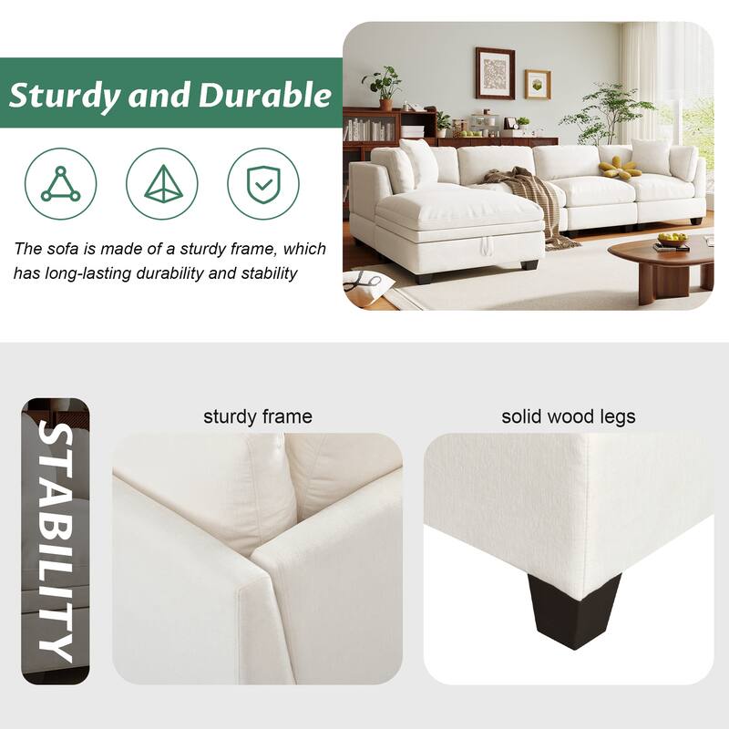 Modular L Shaped Sofa 127.6" Upholstered Sectional Couch with Removable Storage Ottoman 2 Hidden Cup Holders