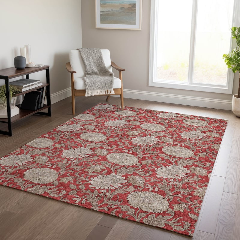 Machine Washable Indoor/ Outdoor Chantille Floral Rug - Red - 9' x 12'