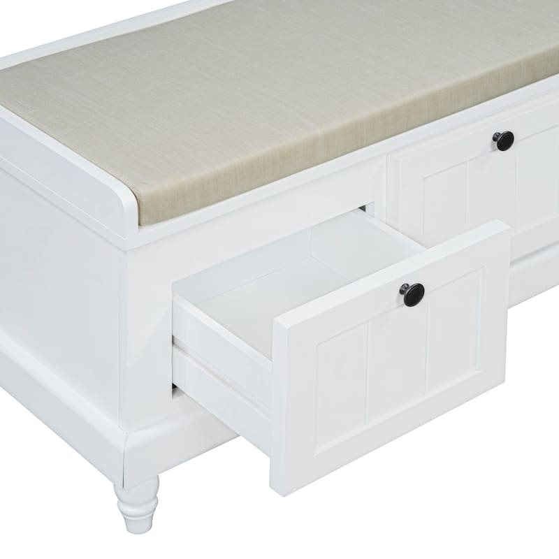 Roomfitters Classic Entryway Bench with Cushion, 3 Hidden Storage Spaces, Grooved Doors and Round Handles