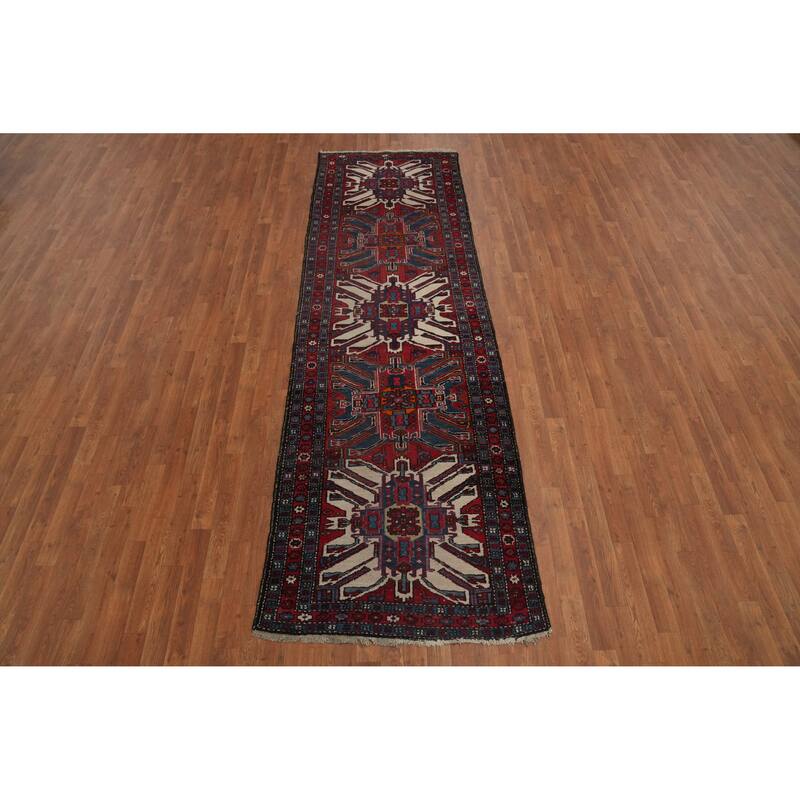Hand Knotted Oriental 100% Wool Carpet Traditional Geometric Red Heriz Runner Rug - 10' 8'' X 3' 3''