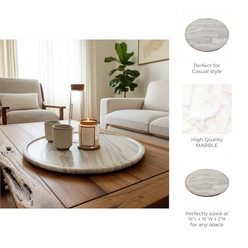 Marble Stone Decorative Tray Round Chiseled Design - 16" Ivory - 16" x 16" x 2"