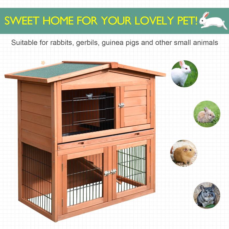 PawHut 40" Multi-Level Wooden Playpen Outdoor Rabbit Small Animal Pet Cage with Enclosed Run, Great for Ferrets & Guinea Pigs