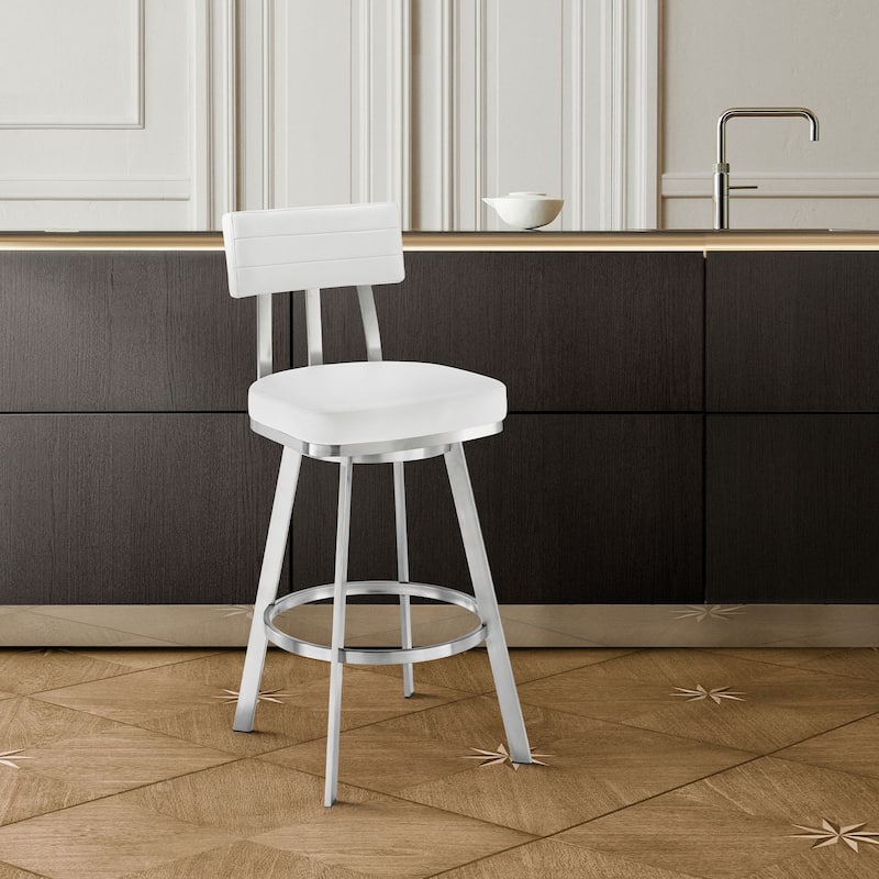 Benjamin Stainless Steel and Faux Leather Swivel Bar or Counter Height Bar Stool - White - Counter Height