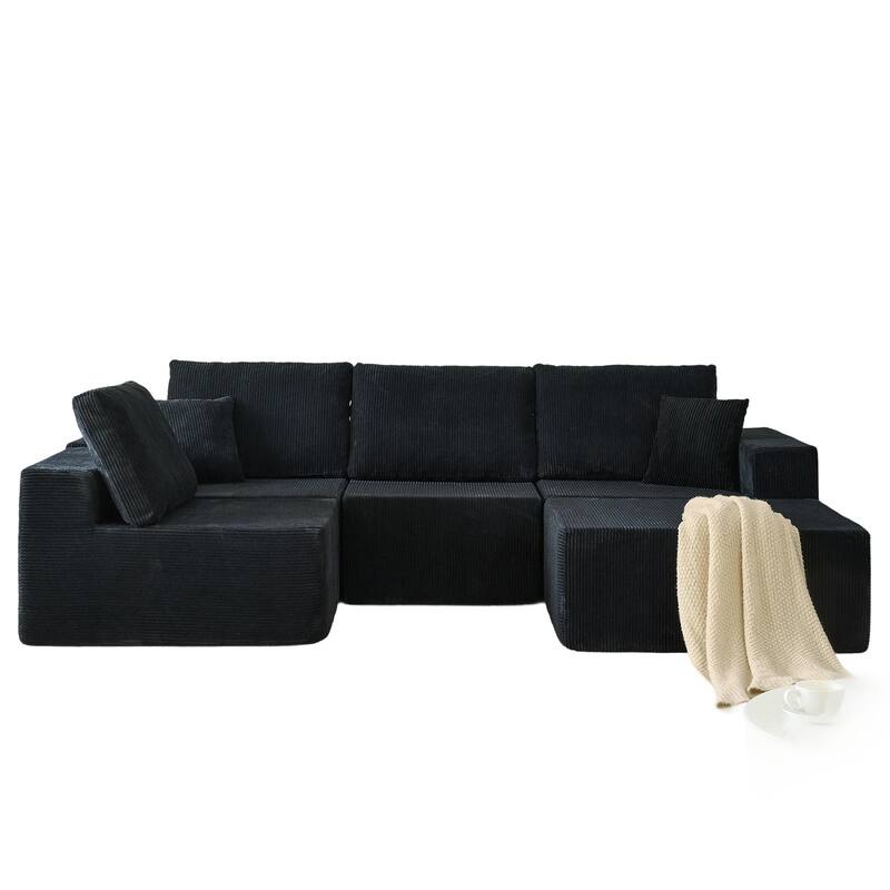 Modular L Shaped Sectional Sofa with Ottoman, Corduroy Boneless Cloud Sofa, 4 Seater Compressed Sofa with 2 Pillows