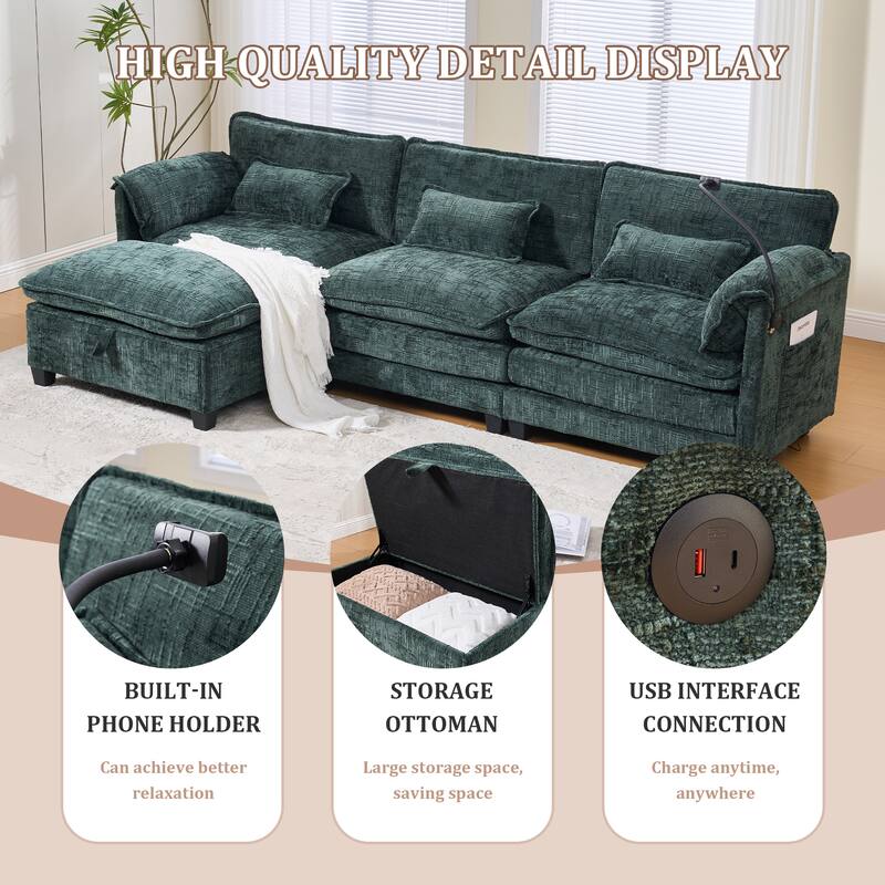 GALDWIN Chenille Upholstered L-shaped Modular Sectional Sleeper Sofa with Movable Storage Ottoman,USB&Type-C