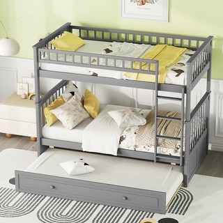 Twin Over Twin Wooden Bunk Bed with Twin Size Trundle & Safety Rail, Convertible to 2 Platform Bedframe for Kids Teens Bedroom