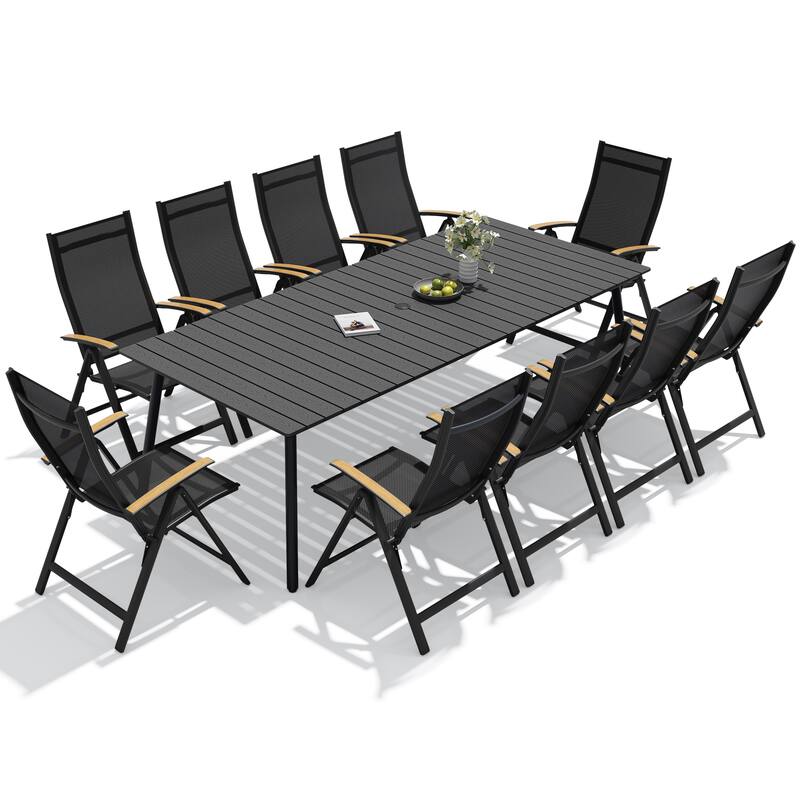 11-Piece Outdoor Patio Dining Set WPC Table Top Alumium Umbrella Hole Table with Folding Teak Armrest Chairs - Black