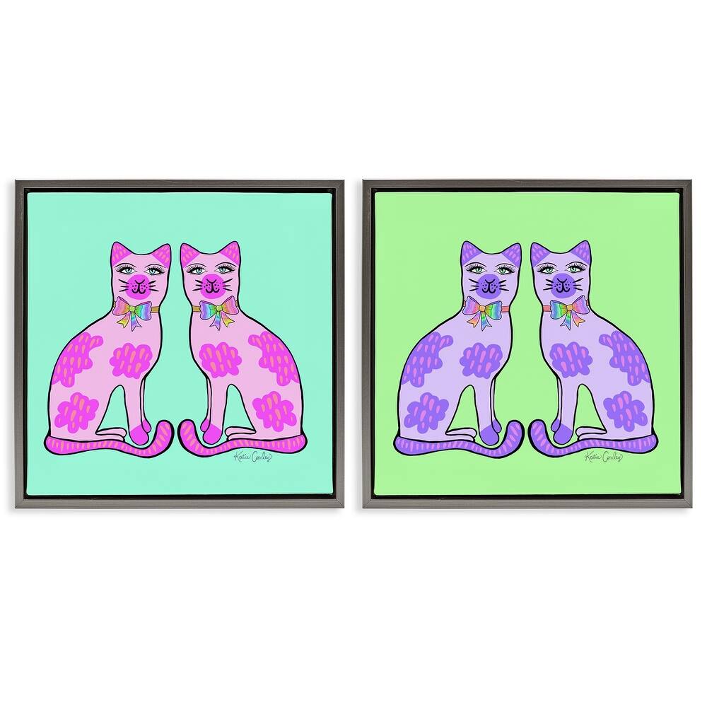 Stupell Bright Purple Cat Pairs Framed Floater Canvas Wall Art Design By Katie Conley (Set of 2)