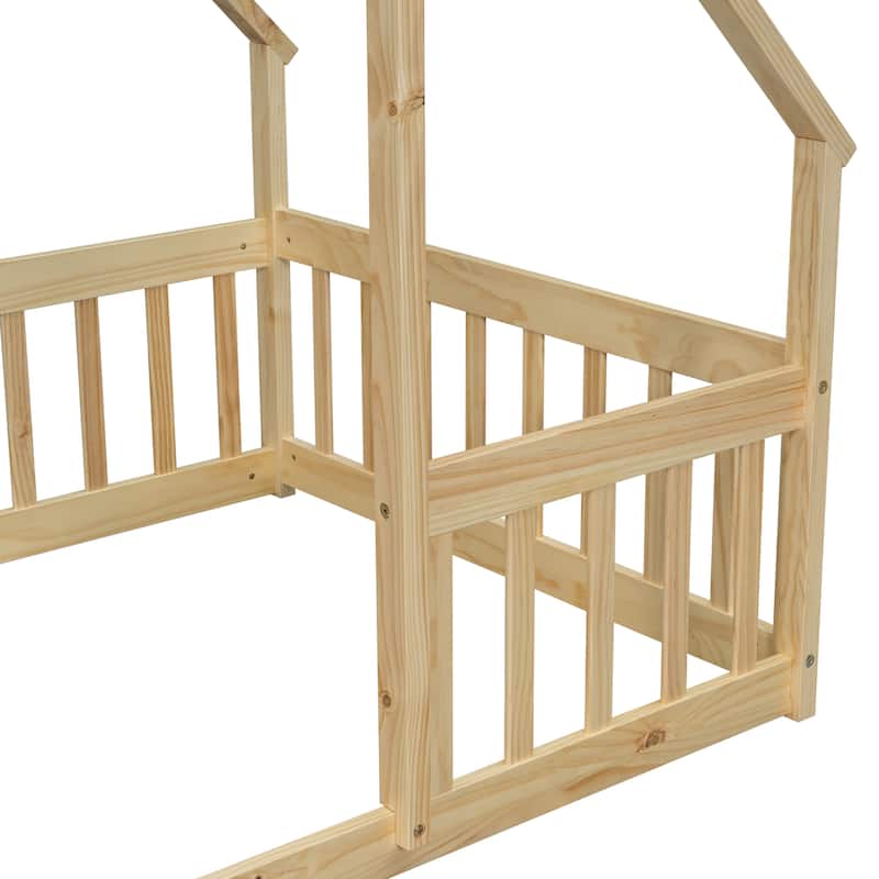 Twin Wood House-Shaped Floor Bed with Fence, Guardrails