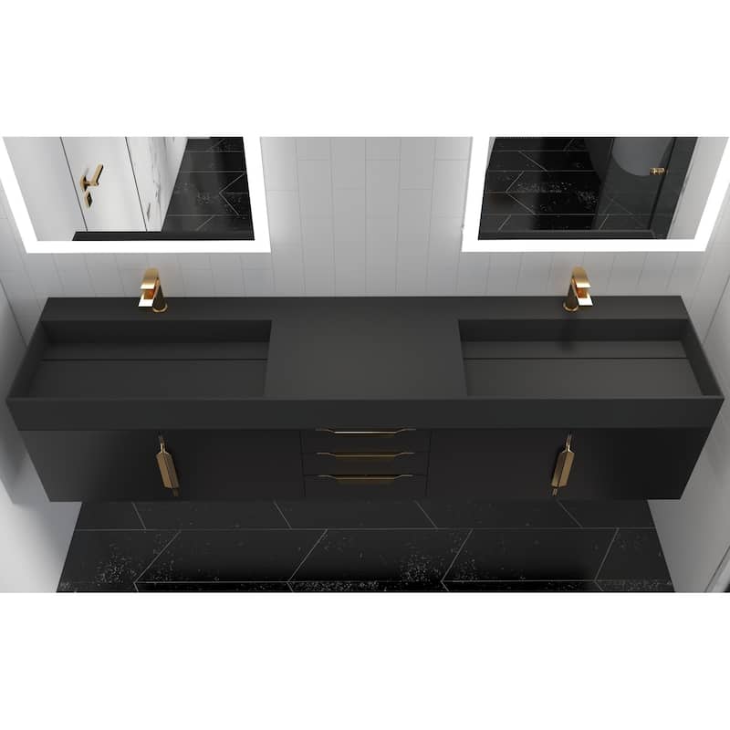 Amazon 84" Wall Mounted Double Bathroom Vanity Set w/ Black Top