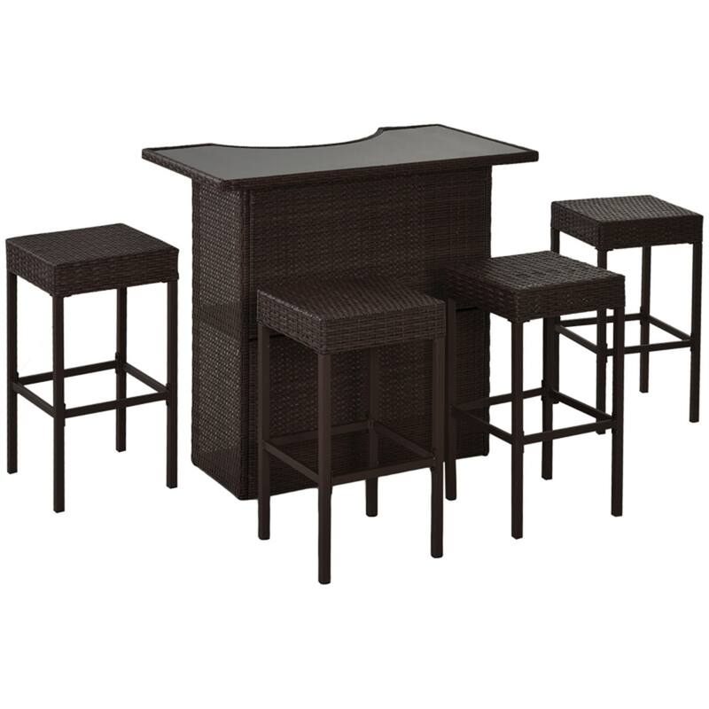 Dark Brown Outdoor Tempered Glass Bar Table and 4 PE Rattan Stools Set with Metal Frame - 43.31"L x 24.02"W x 41.34"H