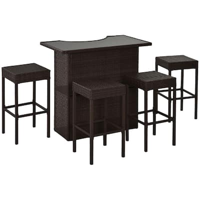 Dark Brown Outdoor Tempered Glass Bar Table and 4 PE Rattan Stools Set with Metal Frame - 43.31"L x 24.02"W x 41.34"H
