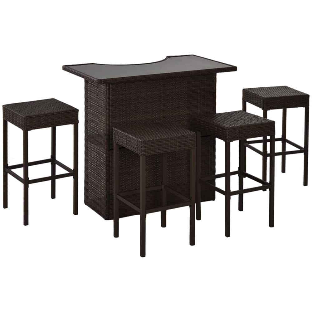 Dark Brown Outdoor Tempered Glass Bar Table and 4 PE Rattan Stools Set with Metal Frame - 43.31"L x 24.02"W x 41.34"H
